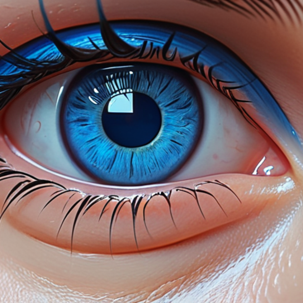 **

A close-up of an anime character's eye. The eye is large and expressive, with a bright, noticeable highlight. The color is a deep blue, suggesting intelligence and calmness. Subtle shading around the eye socket adds depth. The background is a soft gradient, focusing attention on the detail of the eye. Japanese anime art style, detailed, vibrant colors.

**
