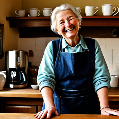 **

A kind-faced, older woman, the proprietor of a cozy inn, stands behind a wooden counter filled with steaming mugs. She wears a simple, fully clothed apron and a warm smile. Soft candlelight illuminates the scene. In the background, patrons are gathered around tables, laughing and sharing stories. "Safe for work," "appropriate content," "fully clothed," "family-friendly." Perfect anatomy, correct proportions, natural pose, well-formed hands, proper finger count, natural body proportions, professional digital art.

**