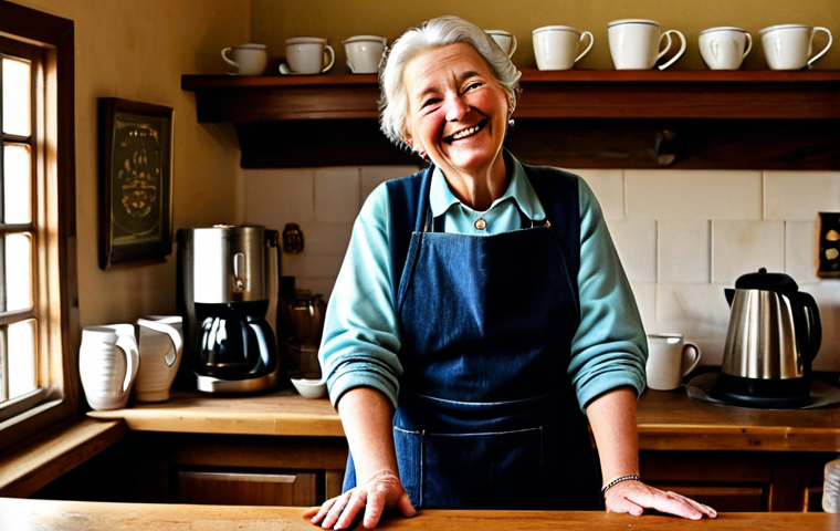 **

A kind-faced, older woman, the proprietor of a cozy inn, stands behind a wooden counter filled with steaming mugs. She wears a simple, fully clothed apron and a warm smile. Soft candlelight illuminates the scene. In the background, patrons are gathered around tables, laughing and sharing stories. "Safe for work," "appropriate content," "fully clothed," "family-friendly." Perfect anatomy, correct proportions, natural pose, well-formed hands, proper finger count, natural body proportions, professional digital art.

**