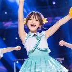 애니메이션 캐릭터의 음악 - **Vibrant Anime Idol Concert with Fan Unity:** A cheerful anime-style female idol character, mid-son...