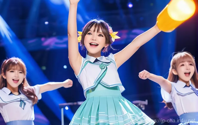 애니메이션 캐릭터의 음악 - **Vibrant Anime Idol Concert with Fan Unity:** A cheerful anime-style female idol character, mid-son...