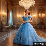 디즈니 공주 캐릭터 비교 - A graceful and elegant princess inspired by Cinderella, wearing a flowing blue ball gown with intric...