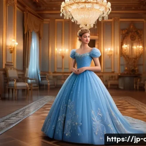 디즈니 공주 캐릭터 비교 - A graceful and elegant princess inspired by Cinderella, wearing a flowing blue ball gown with intric...