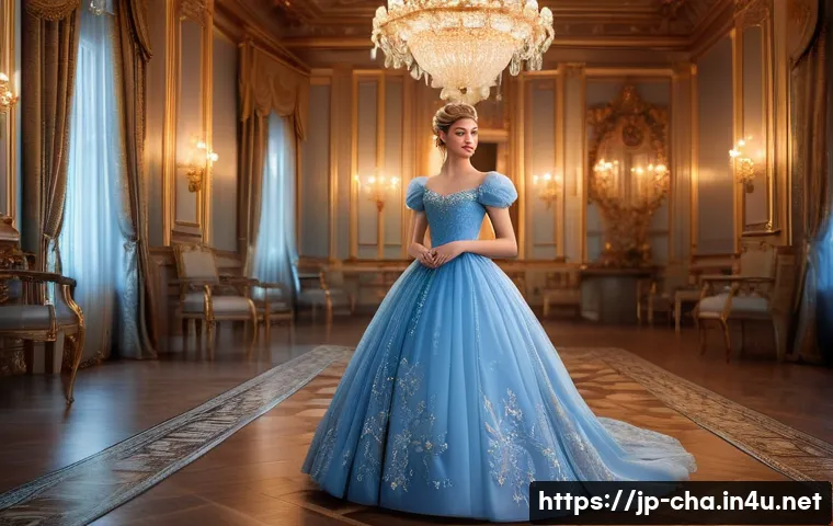 디즈니 공주 캐릭터 비교 - A graceful and elegant princess inspired by Cinderella, wearing a flowing blue ball gown with intric...